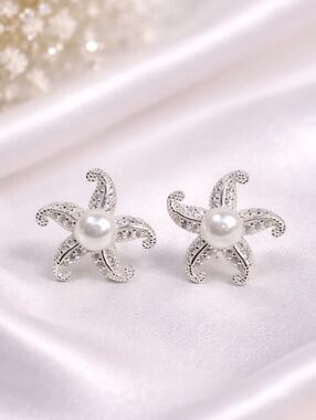 925 Sterling Silver Octopus Stud Earrings CZ White Pearl 16.5mm Butterfly Back